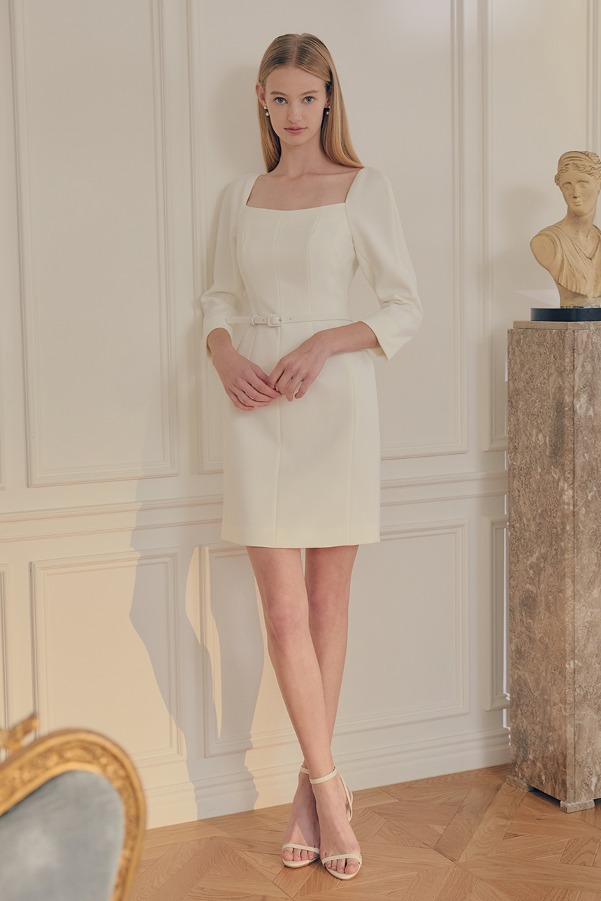 [임수향 착용]ODETTE Square neck Three-quarter Sleeve H-line mini dress (Off white)