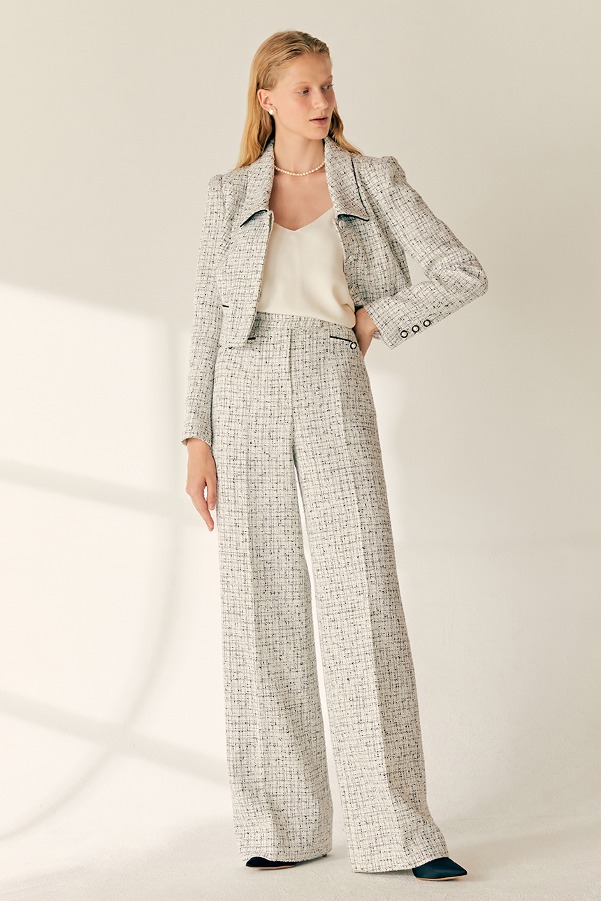 [전미도 착용][SET]MARVELLA Classic collar detail cropped tweed jacket + KIMBERLY Semi wide tweed trousers (Ivory&amp;Black)