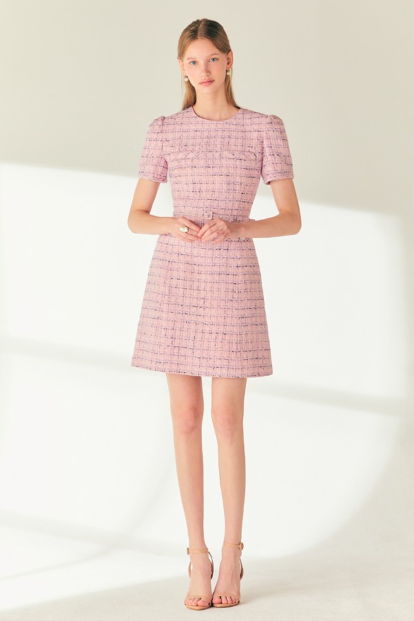 LINDSAY Round neck semi A-line tweed mini dress (Pink)
