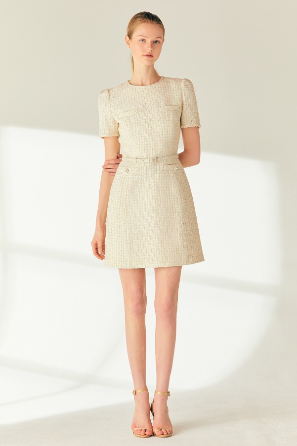 LINDSAY Round neck semi A-line tweed mini dress (Cream)