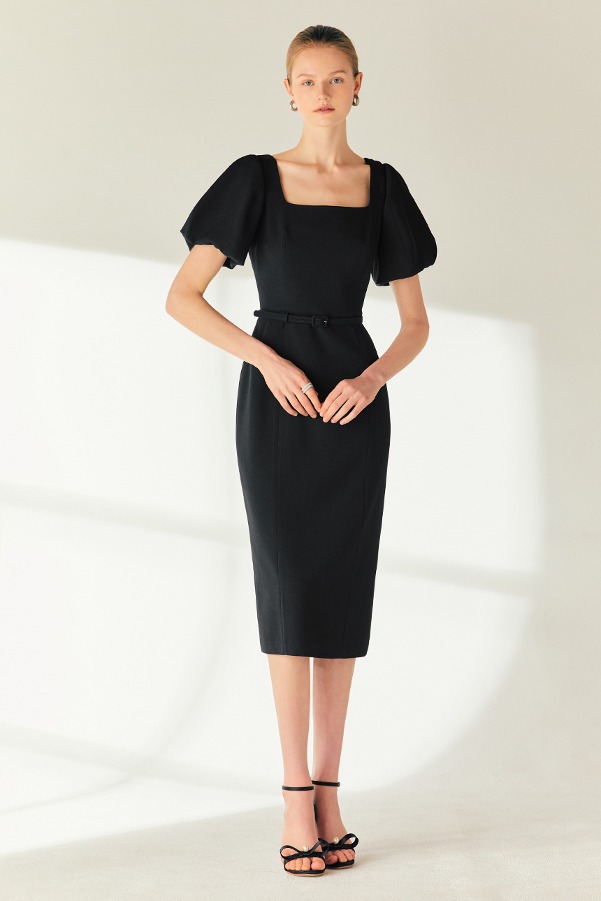 CHRISTINA Square neck H-line long dress (Black)