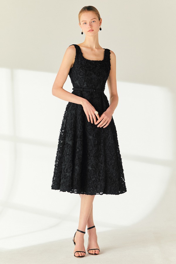 BELLAMY Floral chiffon sleeveless flared long dress (Black)