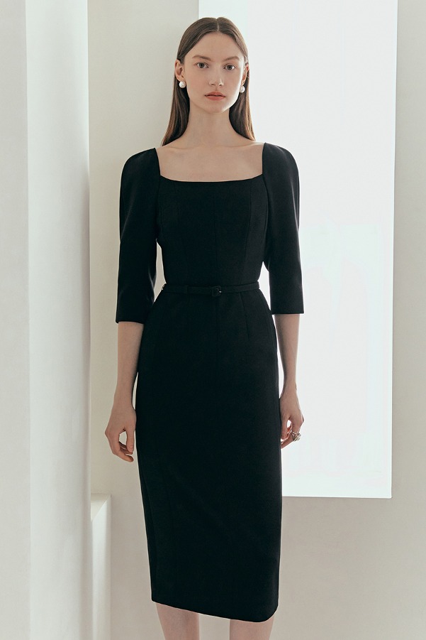ODETTE Square neck Three-quarter Sleeve H-line midi dress (Black)