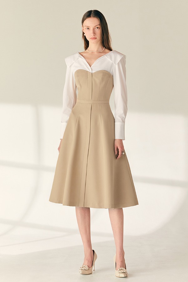 [Beige 1size 11/2 예약배송]BELINDA Shirt layered long-sleeve midi dress (Beige)