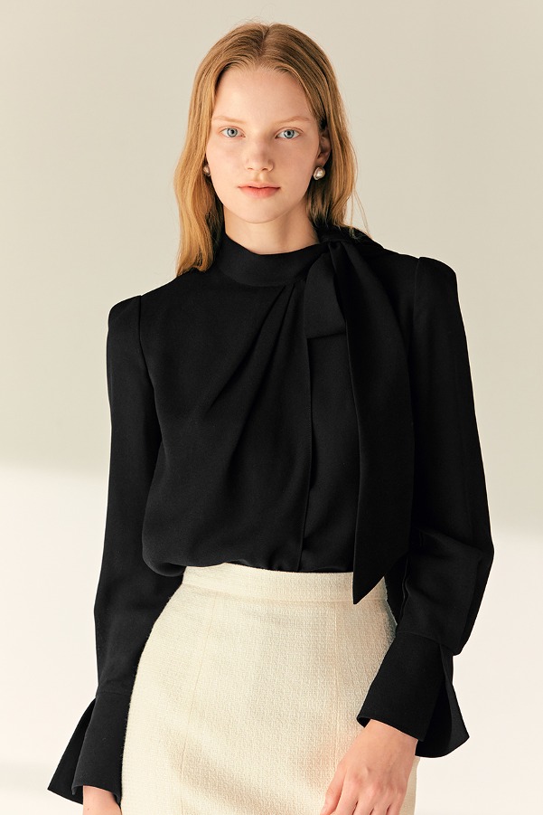 ANDREA Tie neck wrapped blouse (Black)