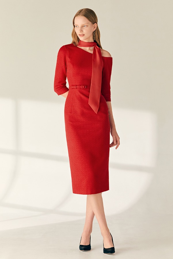 MARIAH One shoulder H-line tweed long dress (Scarlet red)