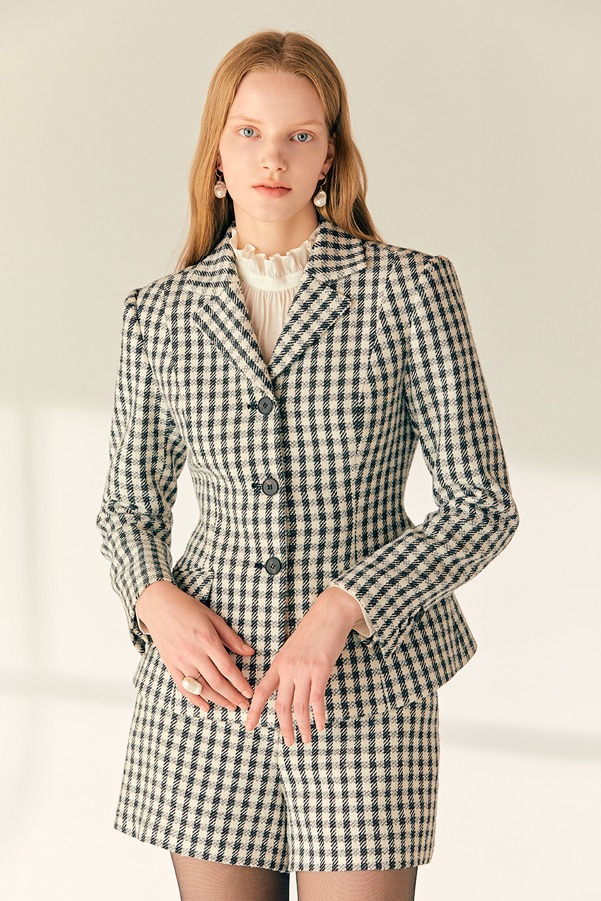 HALSTON Tailored collar check tweed jacket (Gray&amp;Ivory)