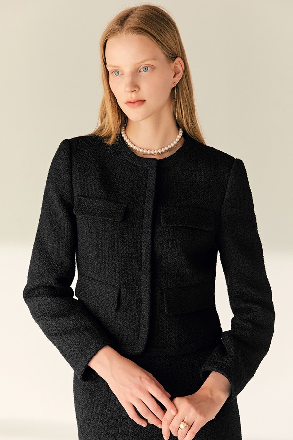 MAKENZIE Round neck tweed jacket (Black)