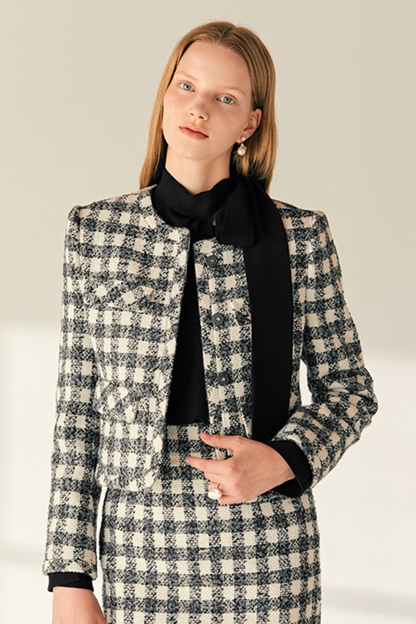 FABIANA Round neck check tweed jacket (Gray&amp;Ivory)