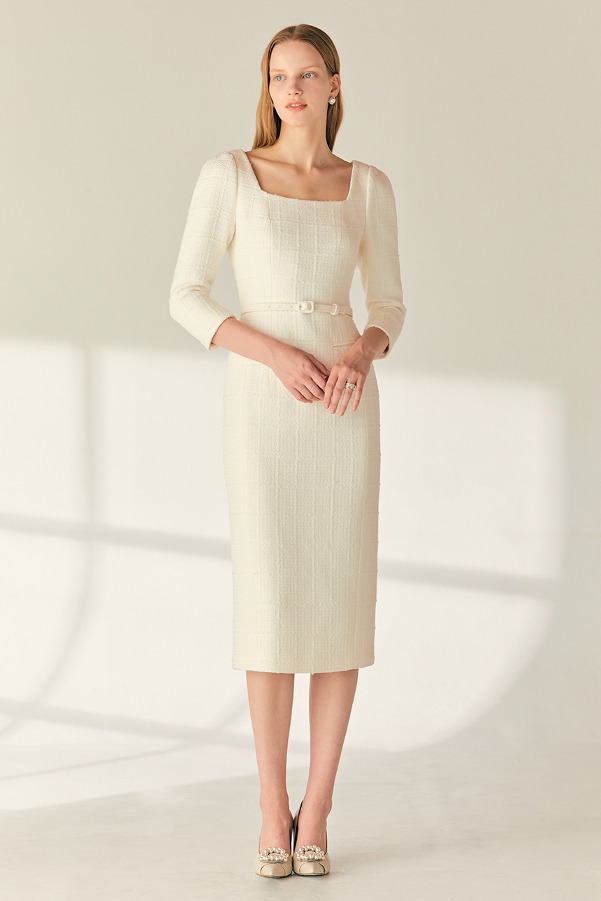 COURTNEY Square neck H-line tweed long dress (Ivory)