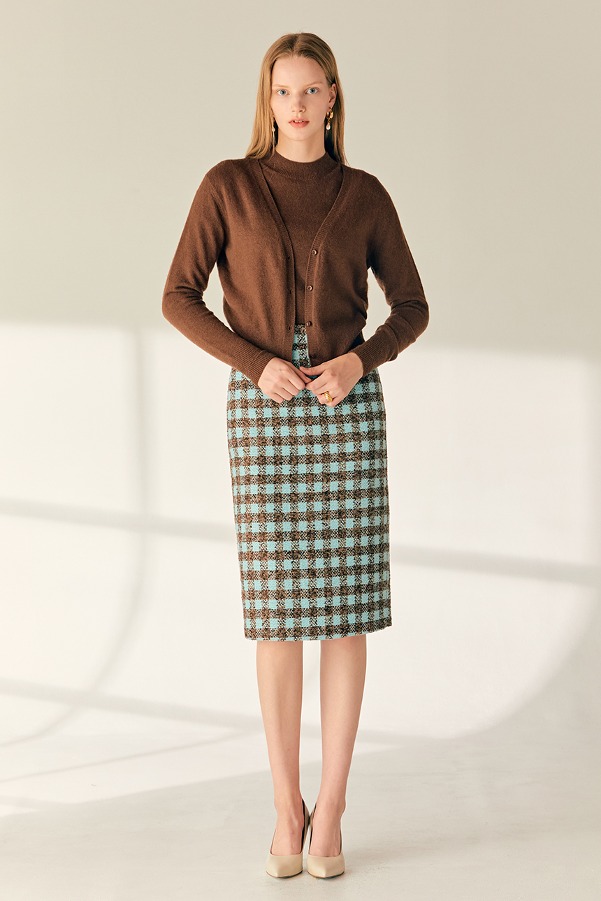 [SET]LEANNA V-neck fine wool knit cardigan + SHIRLEY Mock neck fox fine wool knit top (Brown)