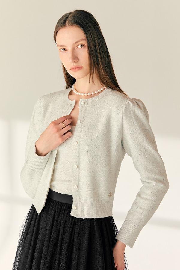 [SET]KAREN Round neck spangle knit cardigan + MEGAN U-neck sleeveless spangle knit top (Ivory)