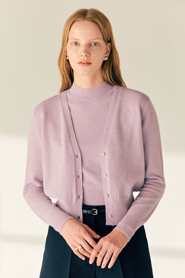 LEANNA V-neck fox fine wool knit cardigan (Lilac)