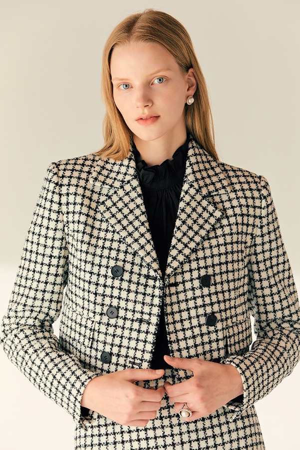 JANICE Notched collar double breasted tweed cropped jacket (White)