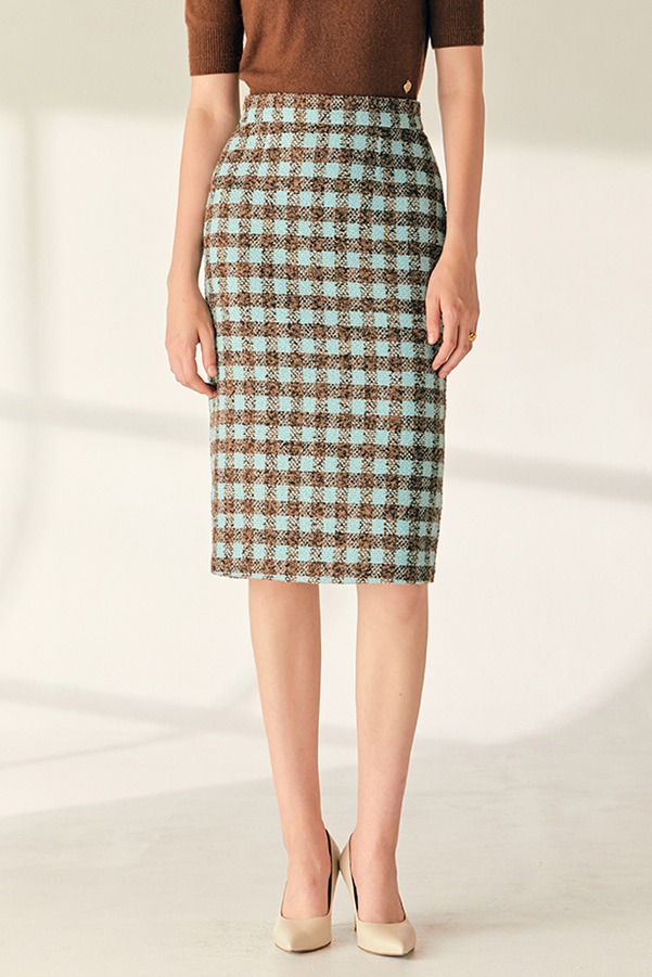 JESSIE H-line check tweed midi skirt (Mint&amp;Brown)