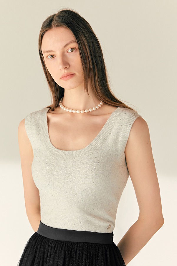 MEGAN U-neck sleeveless spangle knit top (Ivory)