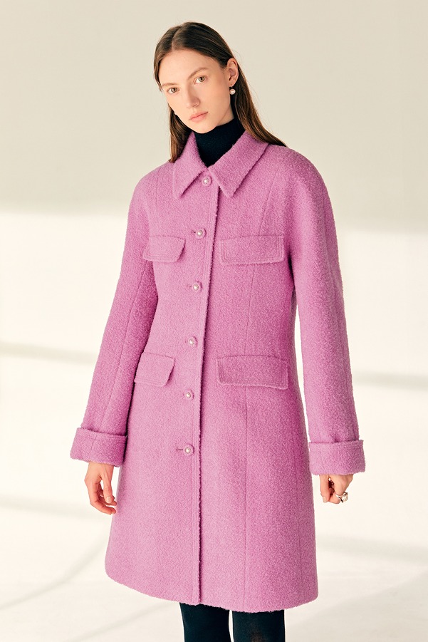 MELORA Stand collar semi A-line wool half coat (Pink)