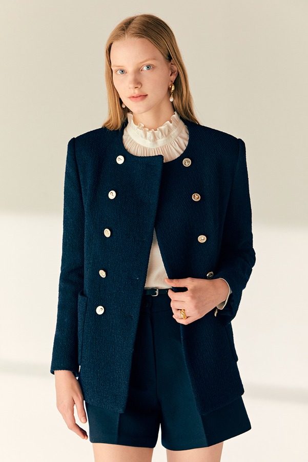 DOMINIQUE Round neck double breasted twill jacket (Deep navy)